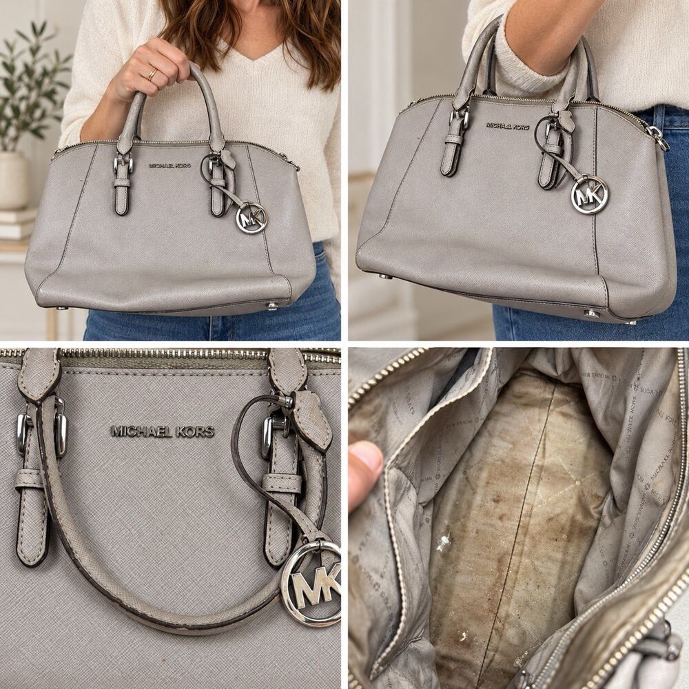 Michael Kors Gray Saffiano Satchel Handbag Silver MK Charm Zip Top Purse
